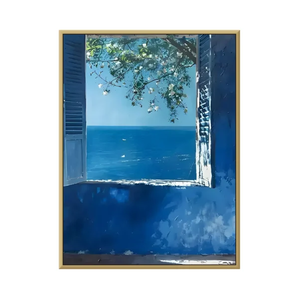 Deep blue open shutter sea-view impressionist canvas painting IA15, framed canvas painting on white background