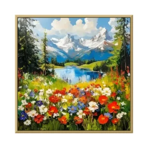 Snow-peak alpine meadow wildflower impressionist canvas painting IA16, framed canvas painting on white background