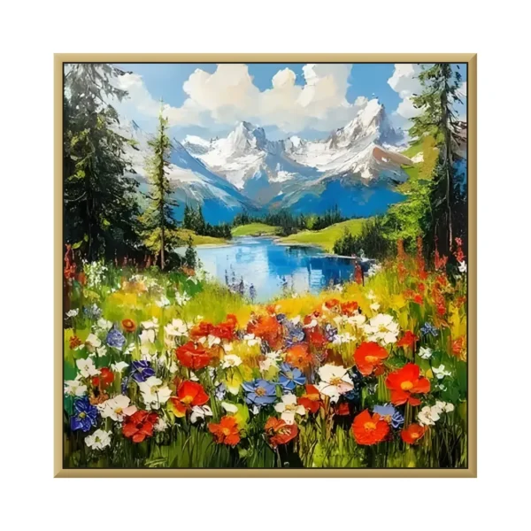 Snow-peak alpine meadow wildflower impressionist canvas painting IA16, framed canvas painting on white background