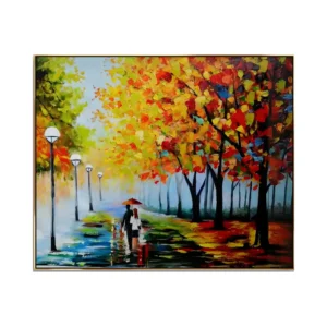 A large horizontal impressionist painting of a couple under an umbrella walking a lamplit autumn boulevard lined with orange, red and yellow trees, reflections on the wet path, in thick palette-knife oil.