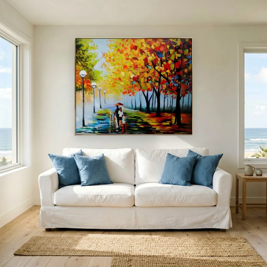 Palette-knife oil painting of a couple under a red umbrella on an autumn avenue, lamplit path lined with golden and scarlet trees, hung above a white slipcovered sofa with blue pillows in a beach house living room