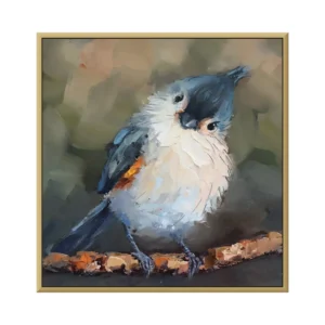 A large square impressionist painting of a tufted titmouse with a blue-gray crest, white breast and orange flank, perched on a branch against a soft green-gray ground, in thick brushwork.