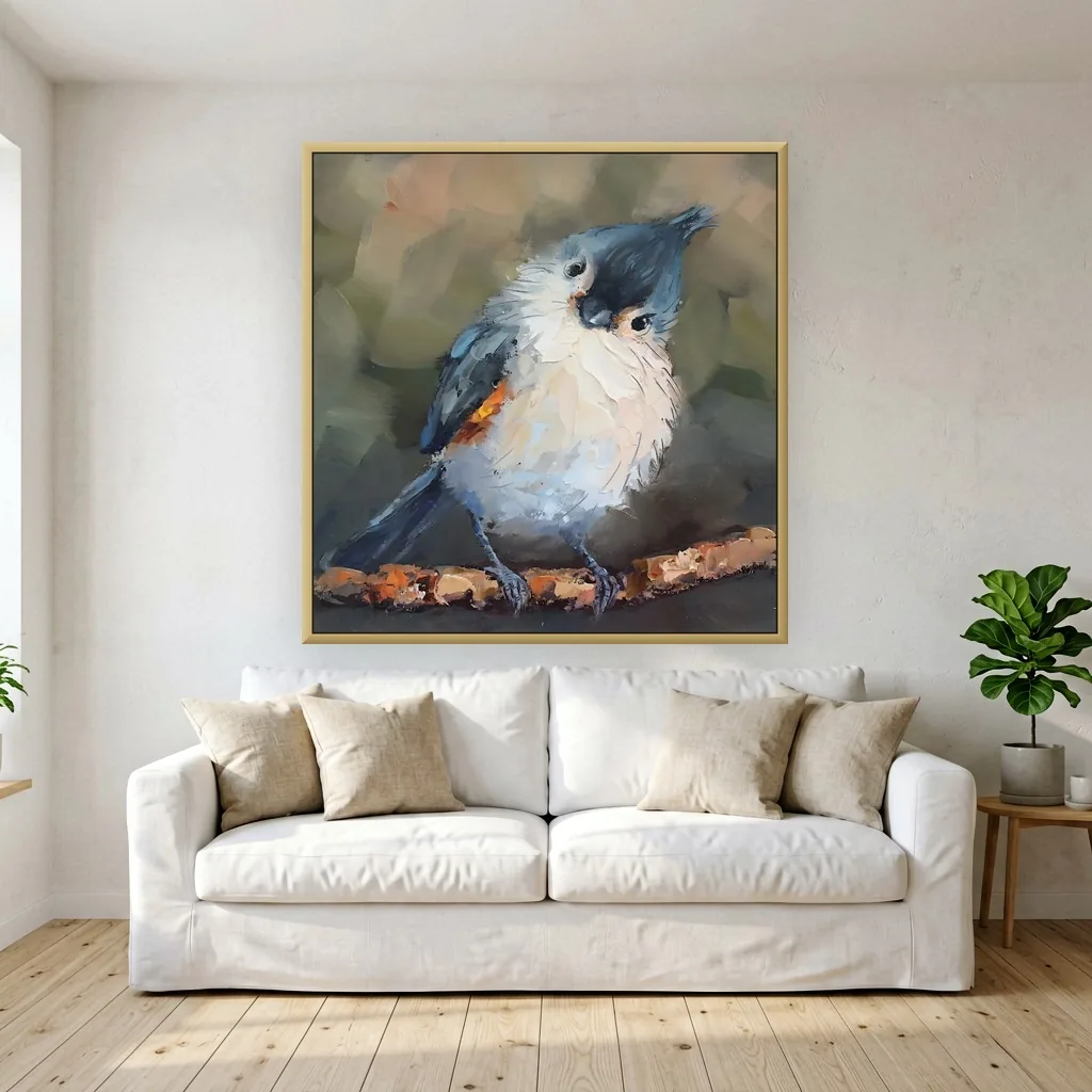 Soft blue-gray tufted titmouse bird impressionist painting, shown above a white sofa in a coastal living room