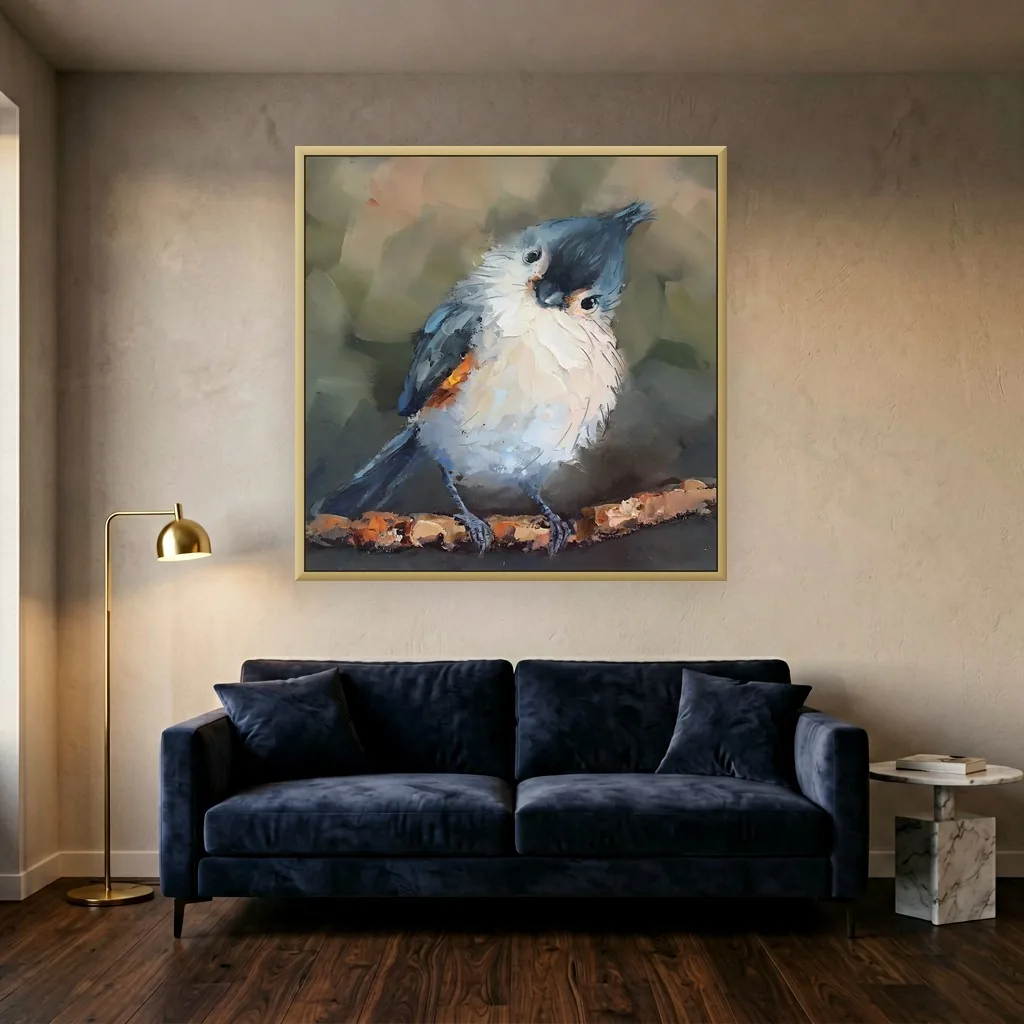 Soft blue-gray tufted titmouse bird impressionist painting, shown above a navy sofa in a luxe living room