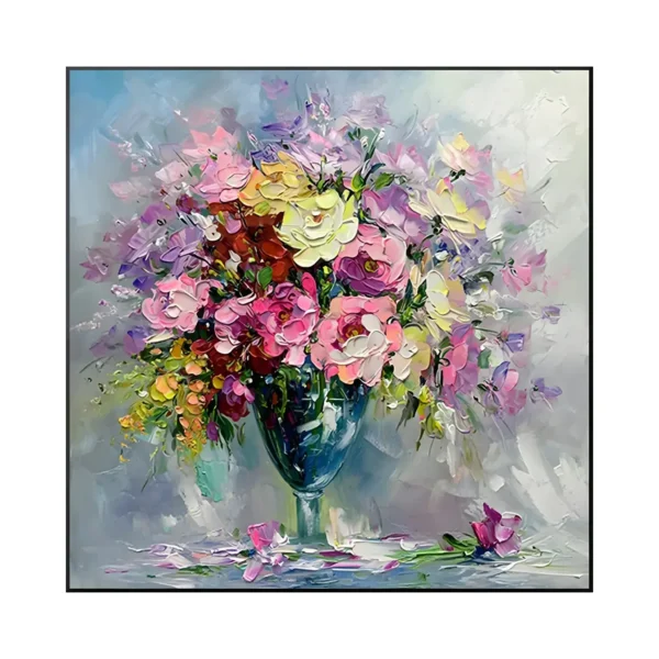 A large square painting of a mixed bouquet in a blue vase, rose pink, yellow, purple and white blooms loosely brushed against a pale gray-blue ground in soft impasto strokes