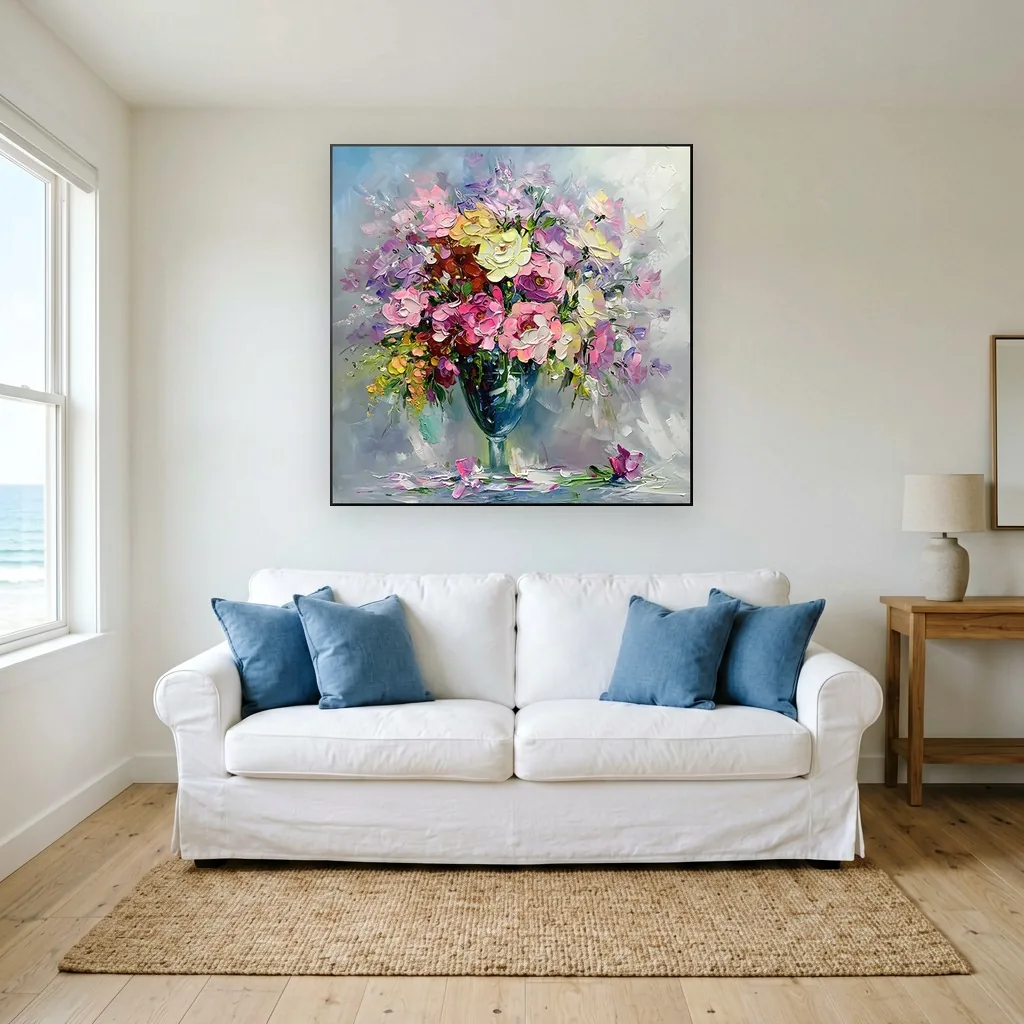 Overflowing bouquet of pink and soft yellow blooms in a teal stem vase, built up in heavy impasto with loose petals below, floral wall art above a white slipcovered sofa in a sunlit coastal living room