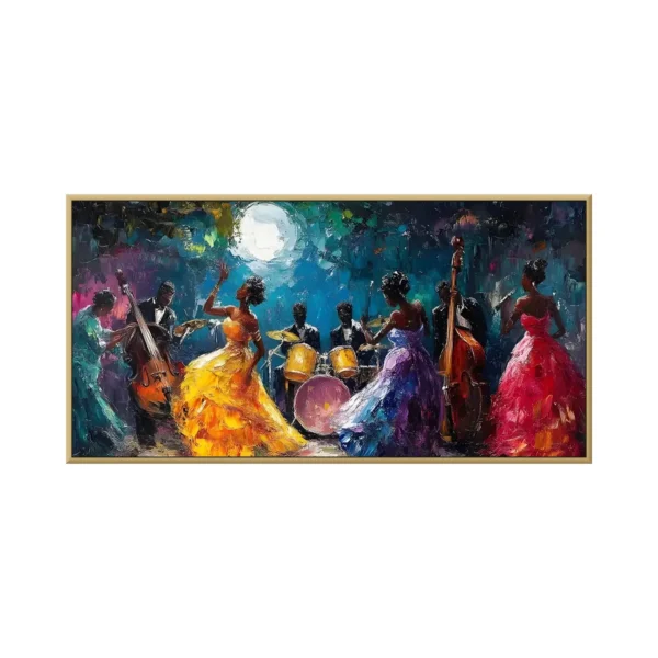 Indigo & gold impressionist jazz musicians canvas painting IA23, framed canvas painting on white background
