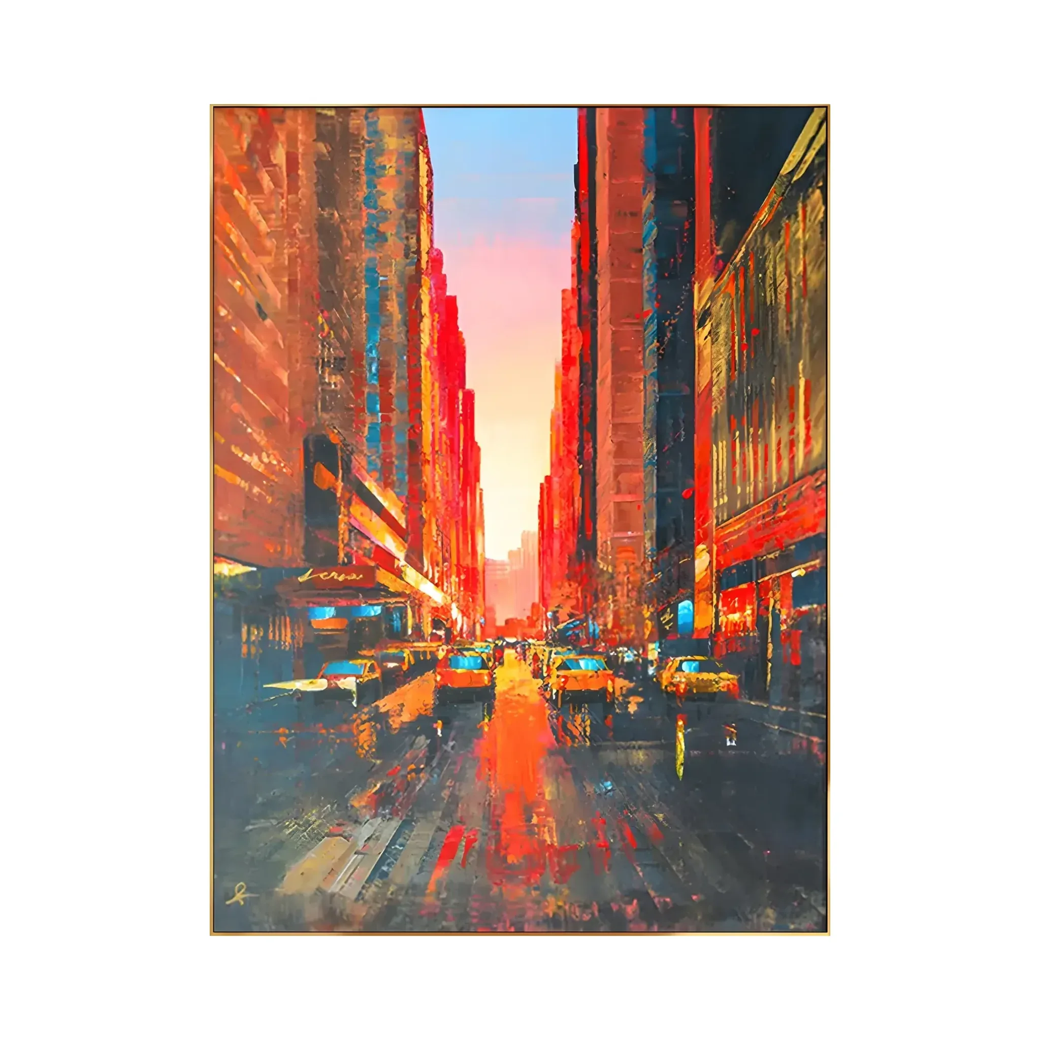 A large vertical painting of a New York street at sunset seen down the middle, tall buildings glowing red and orange on both sides, yellow taxis and wet reflections on the road, in thick palette-knife acrylic