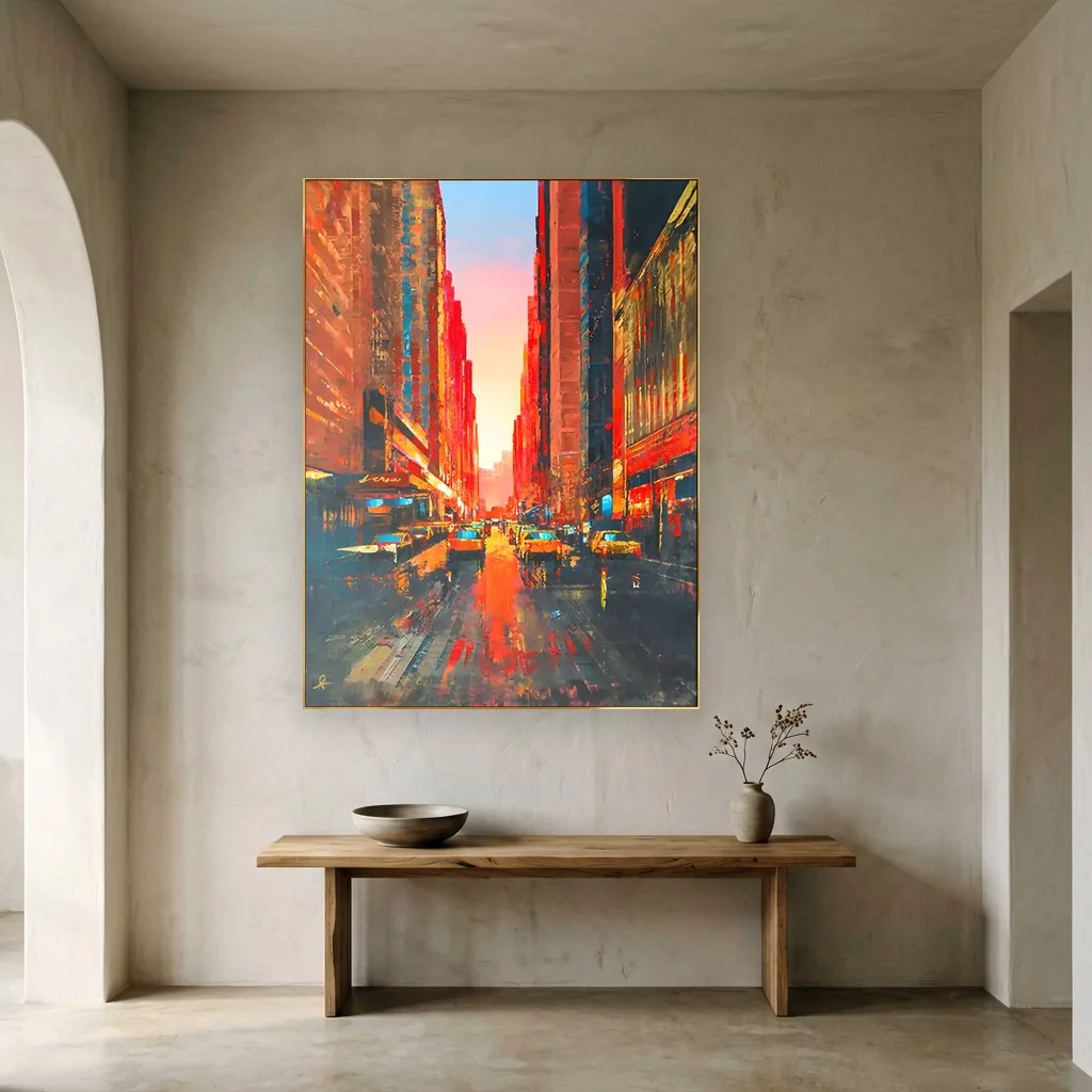 New York street glowing crimson and gold at dusk, taxi headlights mirrored in rain, cityscape wall art in heavy impasto on a gray plaster hallway wall above a rustic wood bench with a stone bowl
