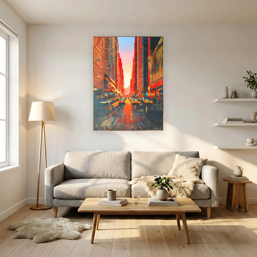 Crimson and amber Manhattan street canyon at sunset with yellow taxis on wet pavement, a palette-knife oil canvas above a greige sofa in a sunny living room