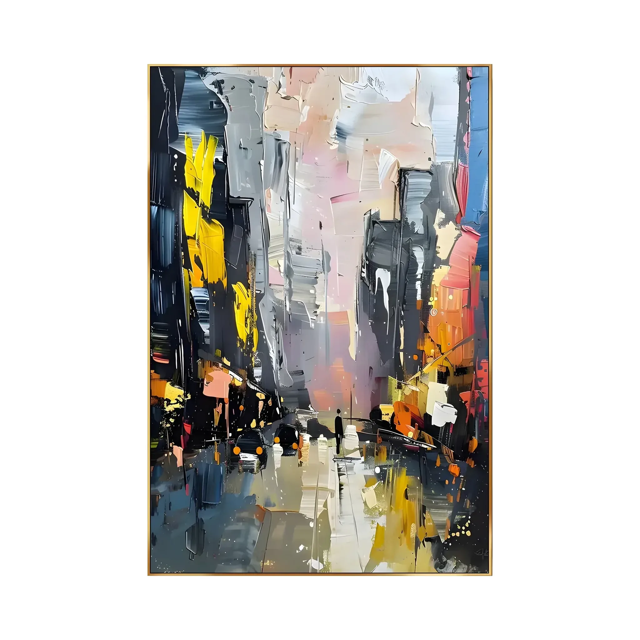 A large vertical painting of a city street at dusk, gray and blue buildings on both sides, glowing shop lights and small figures mirrored on the wet road, in heavy oil and palette-knife strokes