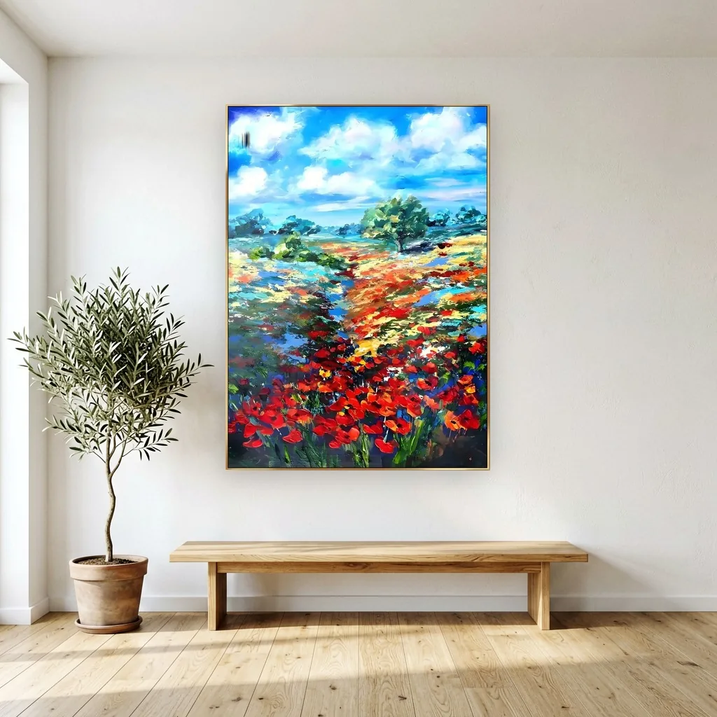 Crimson poppies crowding the foreground of a meadow path that winds toward green trees under a cloud-filled blue sky, a palette-knife oil canvas hung above a light oak bench beside a potted olive tree