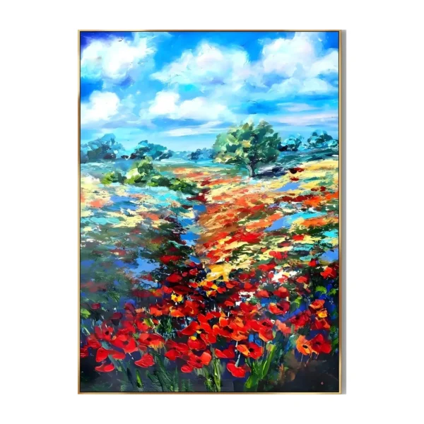 A large vertical painting of a red poppy field in the foreground thinning toward distant green trees and a hill, under a bright blue sky with loose white clouds, in colorful palette-knife strokes.