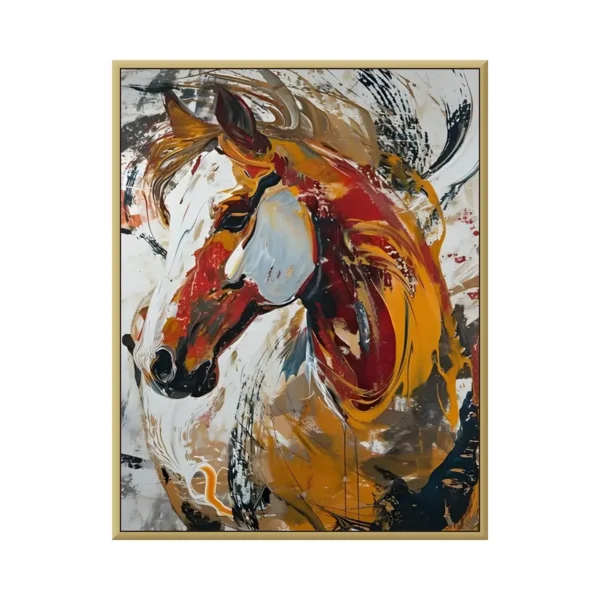 Burnt orange & red expressive stallion head maximalist painting XA01, framed canvas painting on white background