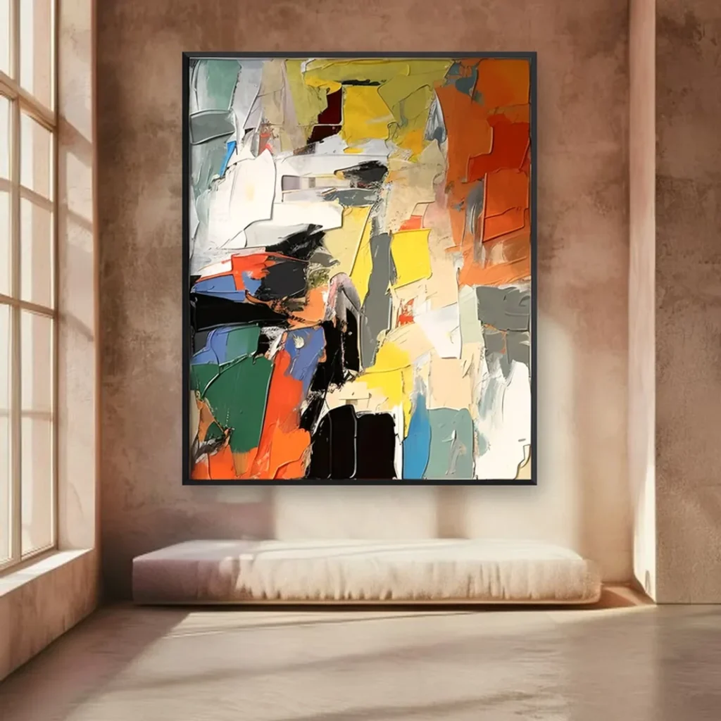 Orange yellow & green expressionist palette-knife painting XA03 displayed in a modern styled interior