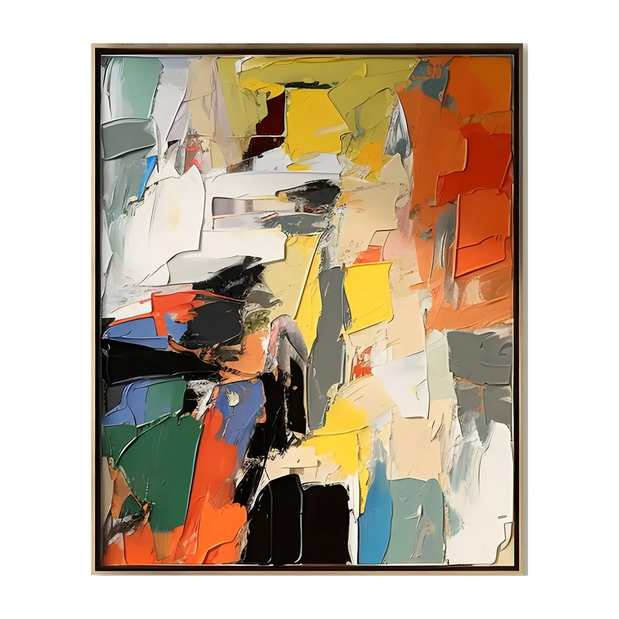 A large vertical maximalist abstract painting of colliding orange, yellow, green and blue palette-knife slabs in bold expressionist brushwork