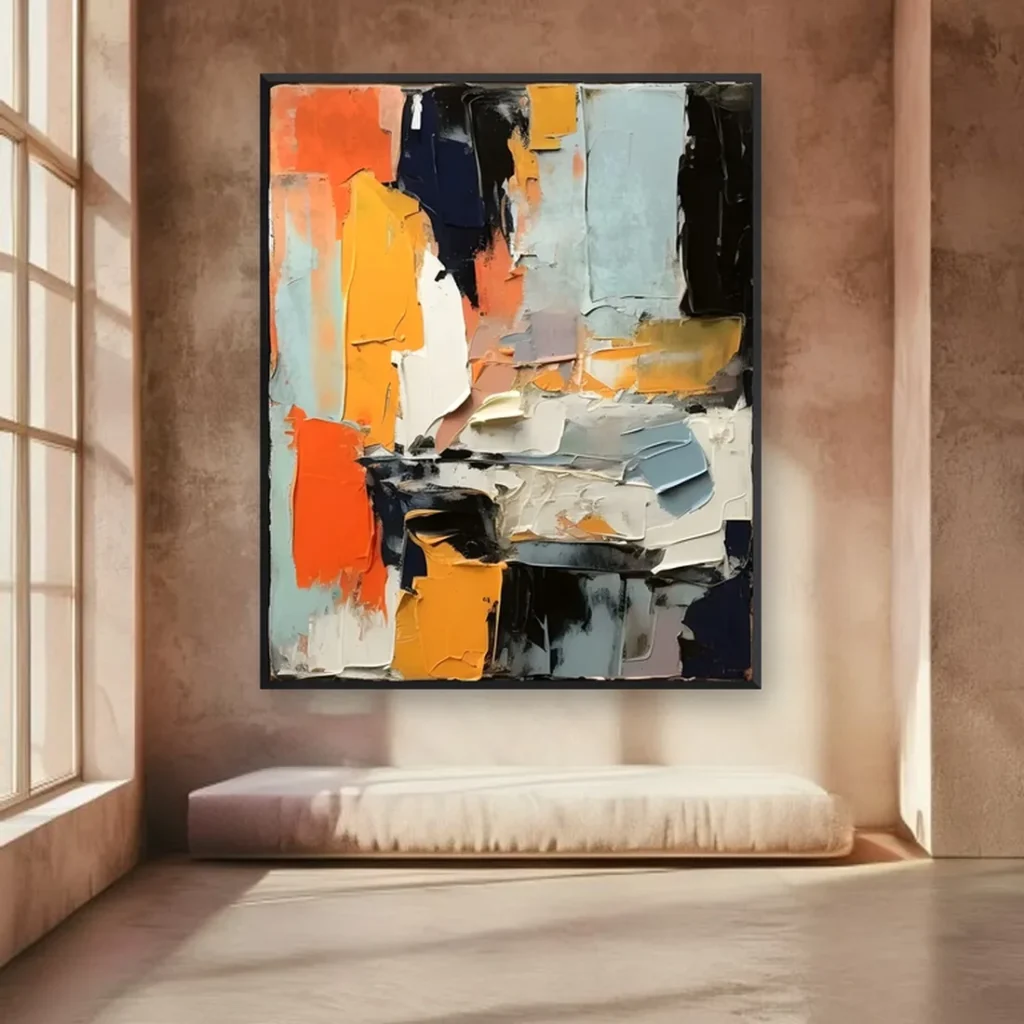 Black-framed abstract canvas with palette-knife oil blocks of orange, mustard, navy, and pale blue centered on a blush plaster wall above a low cream floor cushion, lit by a tall sunlit window on the left