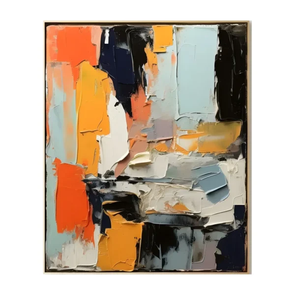 A large vertical maximalist abstract painting of navy, mustard, orange, pale blue and cream slabs, in thick palette-knife impasto with bold, high-energy marks.