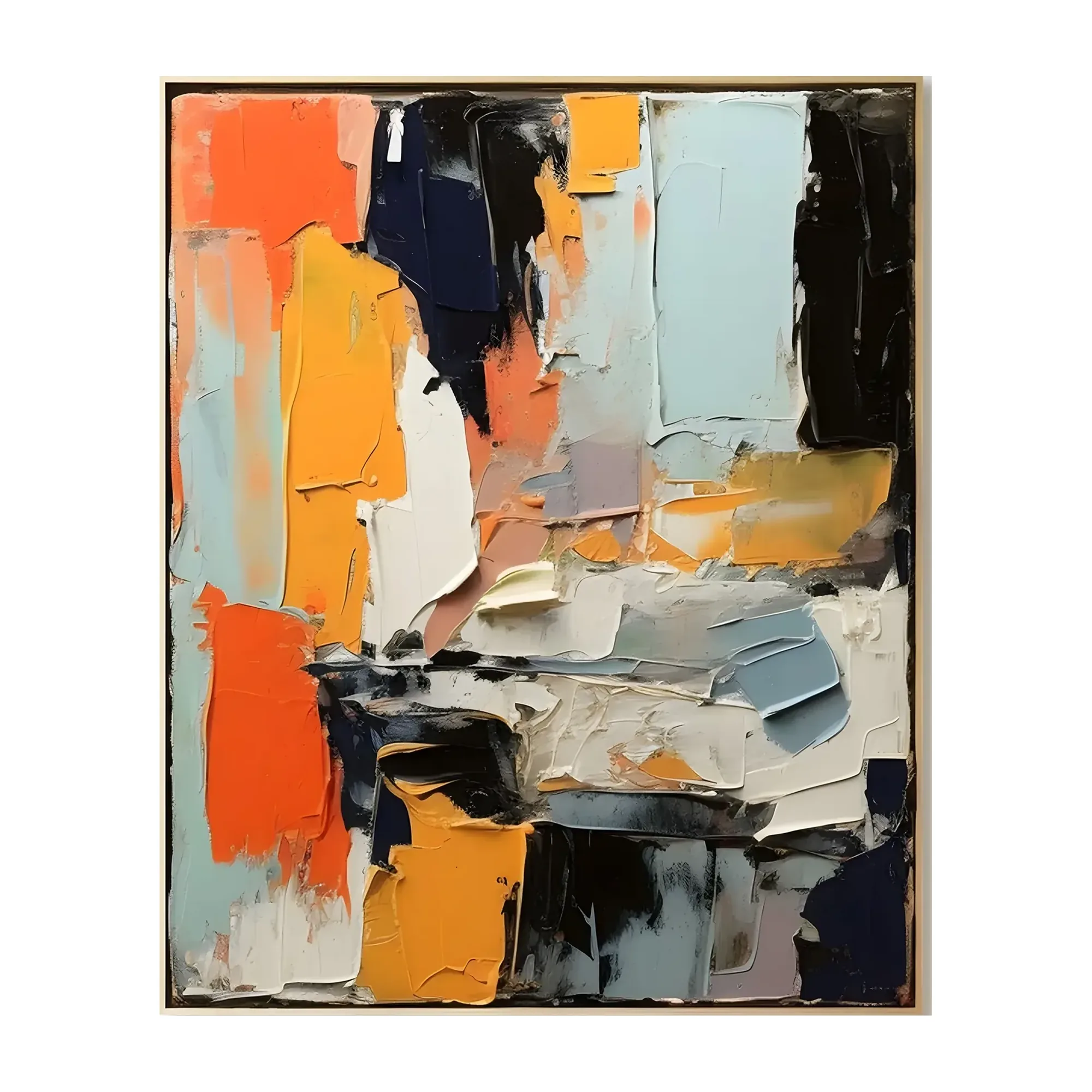 A large vertical maximalist abstract painting of navy, mustard, orange, pale blue and cream slabs, in thick palette-knife impasto with bold, high-energy marks.