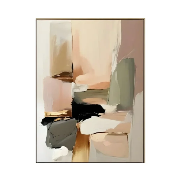 A large vertical minimalist abstract painting of blush pink, sage green, cream and gold color blocks in soft flat strokes, with clean edges and open negative space.