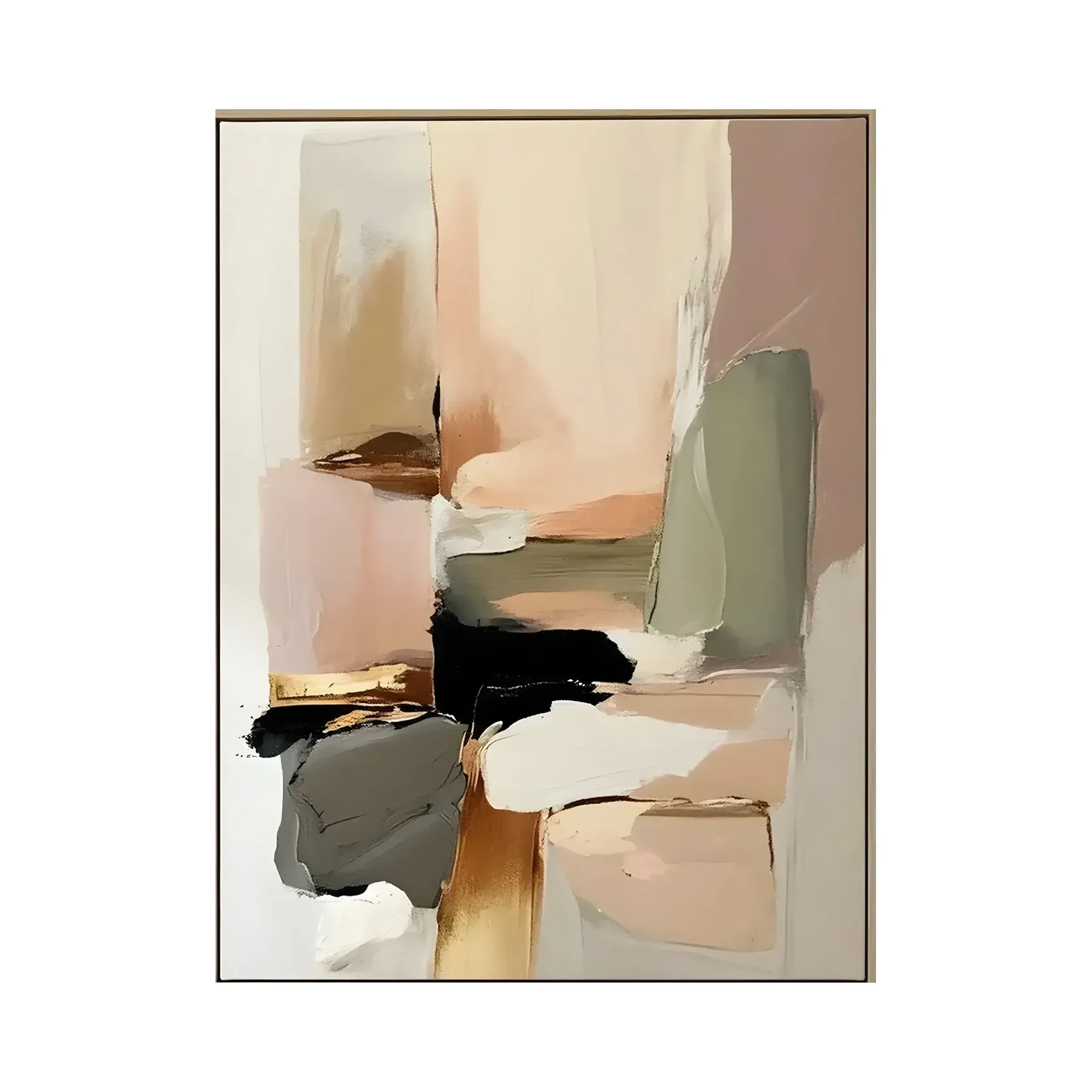 A large vertical minimalist abstract painting of blush pink, sage green, cream and gold color blocks in soft flat strokes, with clean edges and open negative space.