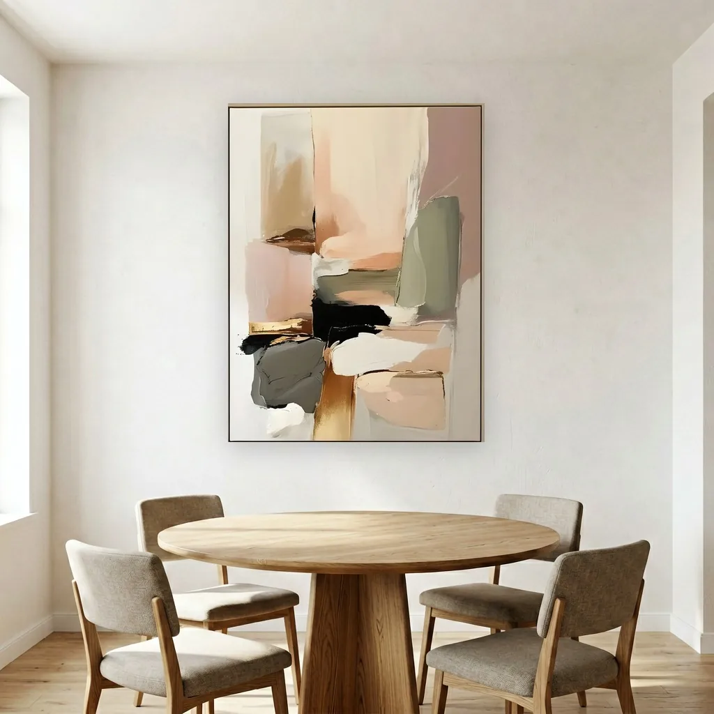 Soft blush sage and cream color-block minimalist painting, shown above a round table in a bright dining room