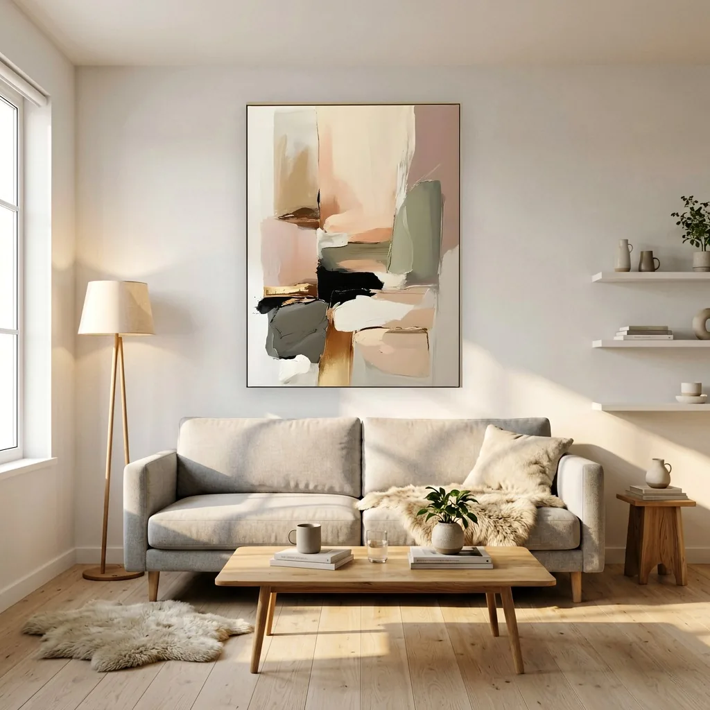 Soft blush sage and cream color-block minimalist painting, shown in a sunny Scandinavian living room