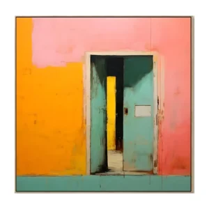A large square minimalist painting of a teal door open in a bright pink and orange wall, yellow light glowing inside, in flat color-block planes with clean edges and open space.