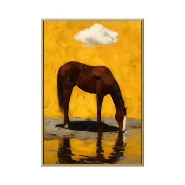 Brown horse on golden yellow minimalist canvas painting MA03, framed canvas painting on white background