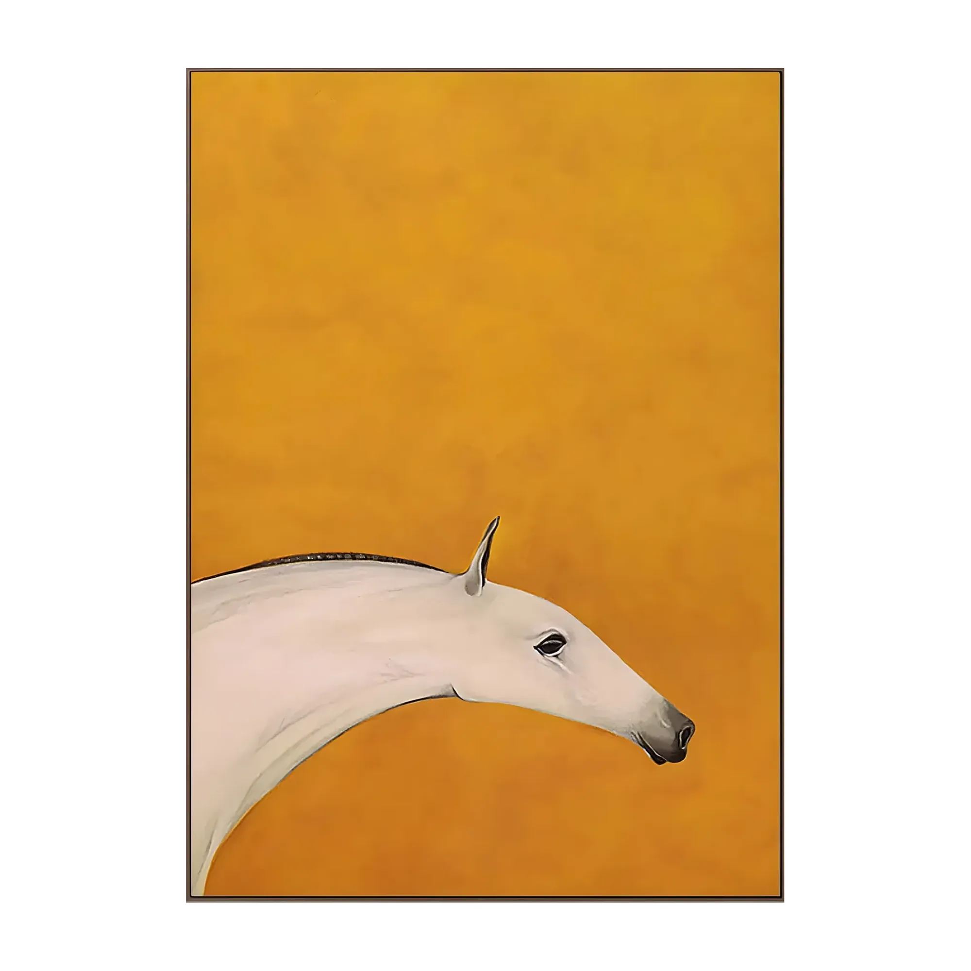 A large vertical minimalist painting of a white horse head in profile against a flat burnt-orange ground, with soft modeling and wide open negative space.
