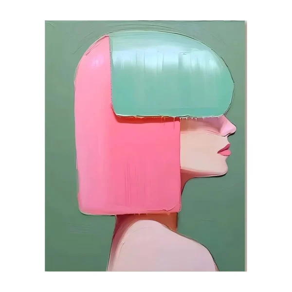 A large vertical minimalist painting of a woman in clean profile with a pink and mint bob on a sage green ground, in flat shapes with clean edges and open space.
