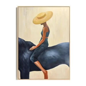 A large vertical minimalist painting of a woman in a straw hat seated on a dark navy horse, against a plain beige ground, with simple flat shapes and soft edges.