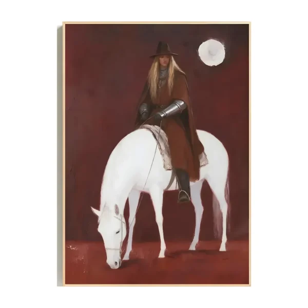 A large vertical minimalist painting of a cloaked rider on a white horse grazing against a deep red ground, a pale moon above, in smooth simple shapes with soft edges.