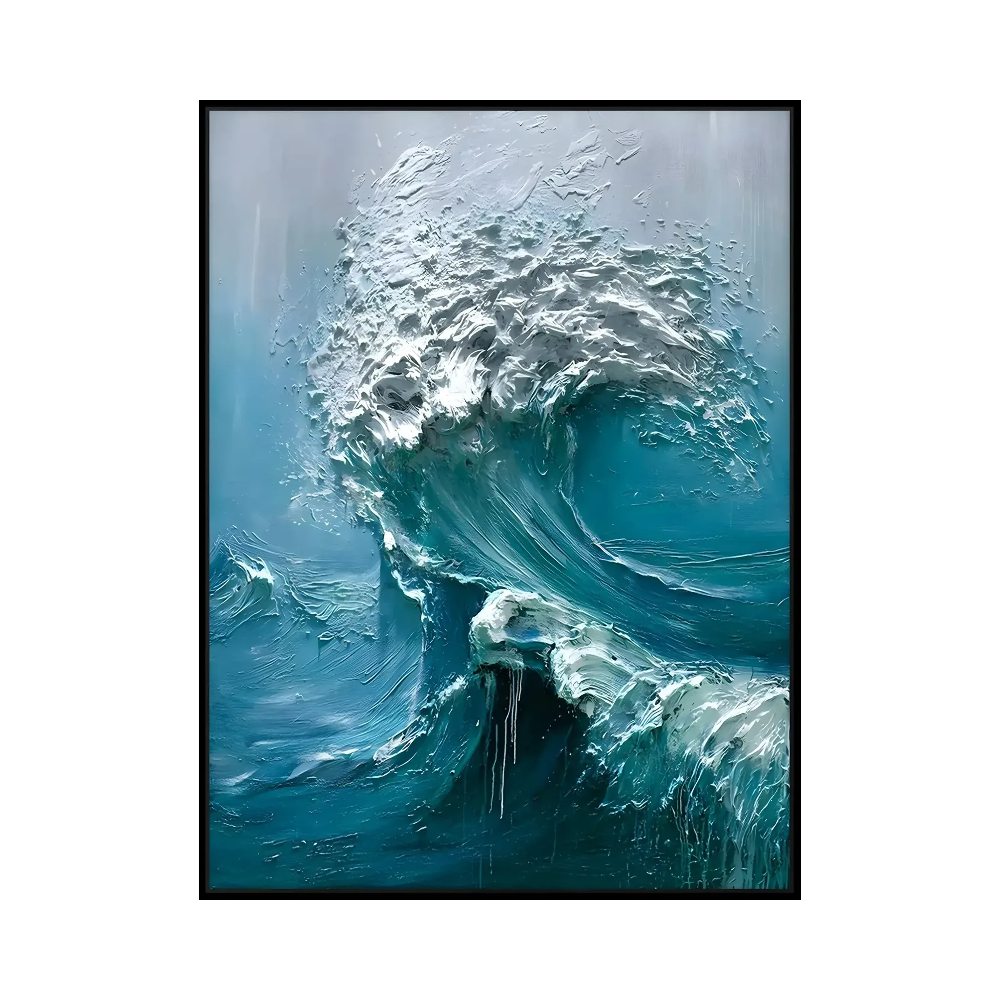 A large vertical textured painting of a breaking wave in teal, blue and white, built in heavy three-dimensional palette-knife relief, the raised ridges of foam catching the light