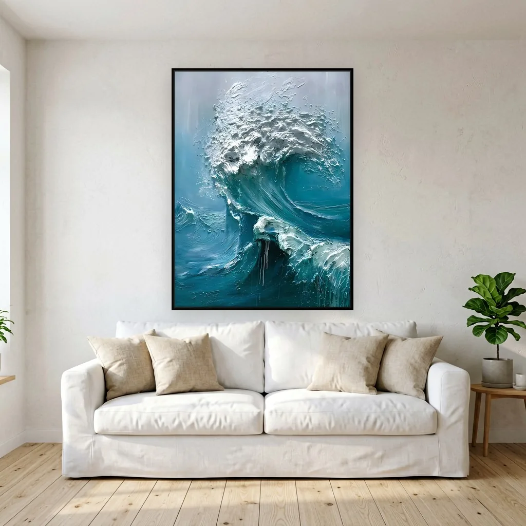 Deep teal seascape wave heavy impasto relief canvas painting, shown above a white sofa in a coastal living room