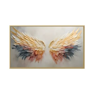 Golden & blue feathered angel wings 3D relief canvas painting TA02, framed canvas painting on white background