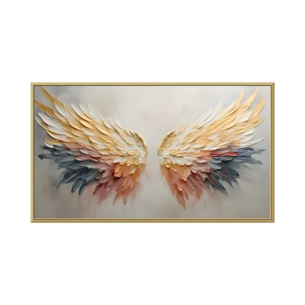 Golden & blue feathered angel wings 3D relief canvas painting TA02, framed canvas painting on white background