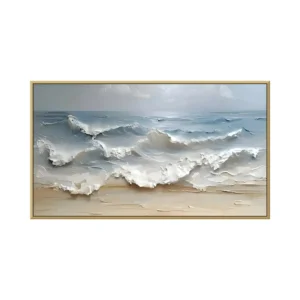 Soft white shoreline surf 3D textured relief canvas painting TA03, framed canvas painting on white background