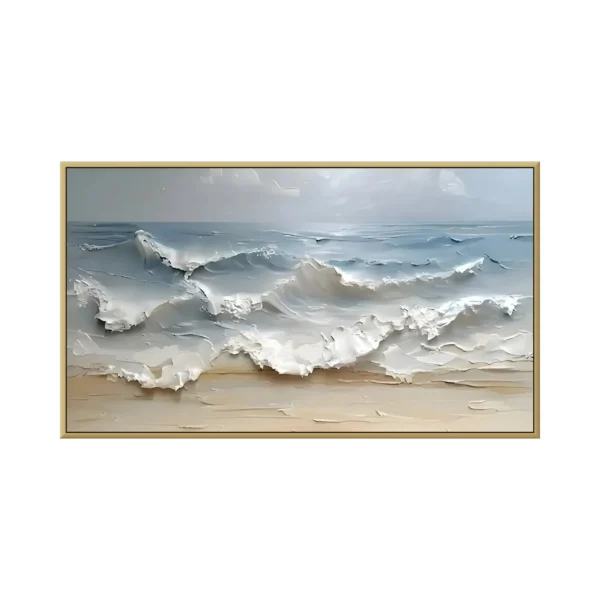 Soft white shoreline surf 3D textured relief canvas painting TA03, framed canvas painting on white background