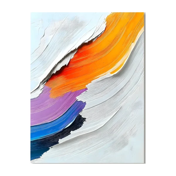 Vertical abstract wall art shown on a white background, with thick palette-knife bands of orange, red, violet, blue and navy climbing diagonally from the lower left corner through raked ridges of white paint.