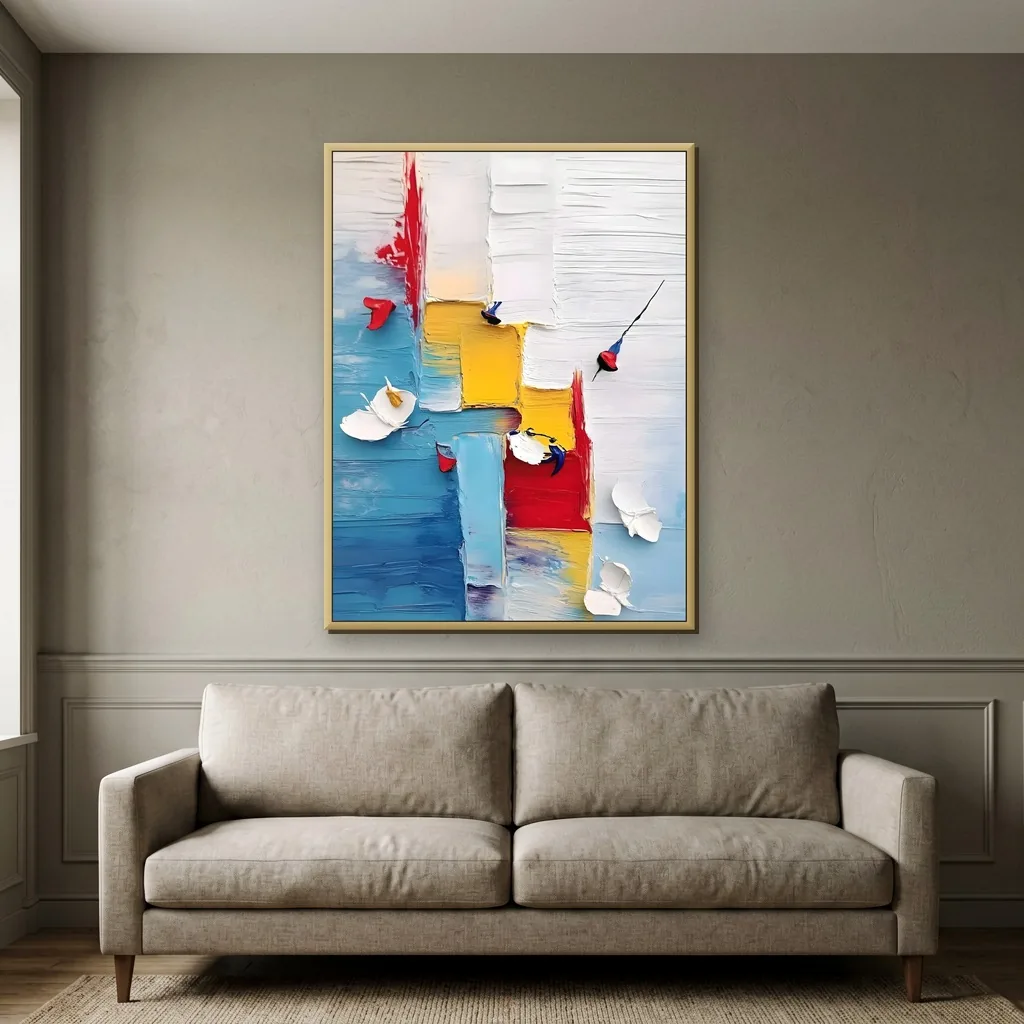 Bold red and yellow blocks 3D textured relief canvas painting, shown above a sofa in an elegant traditional living room