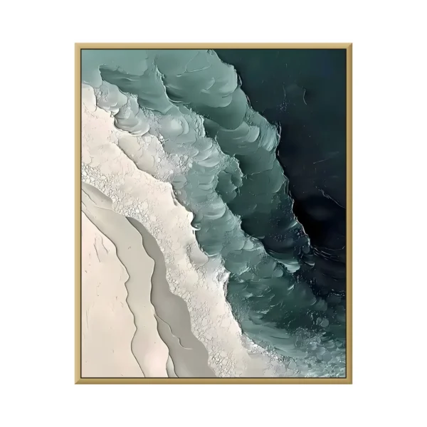 A large vertical textured painting of a shoreline curving from cream sand through white surf to deep teal sea, built in raised palette-knife relief, the ridges standing off the surface.