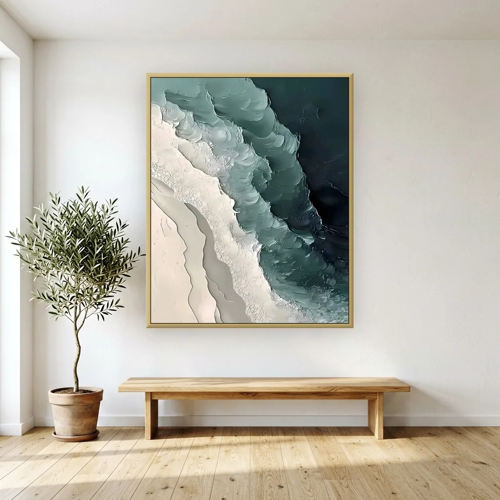 Teal and white coastline seascape 3D textured relief canvas painting, shown in a bright living room beside an olive tree