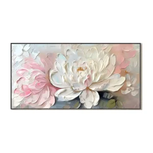 A large horizontal textured painting of blush pink and white peonies, the layered petals built in thick raised palette-knife relief that stands off the canvas surface.