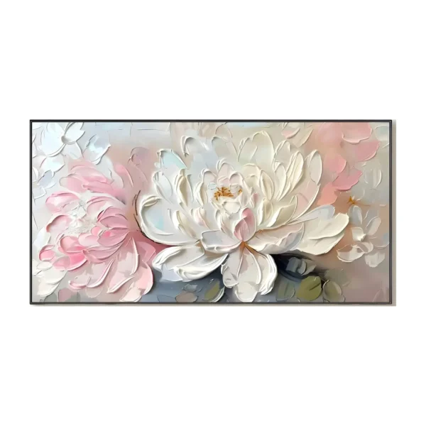 A large horizontal textured painting of blush pink and white peonies, the layered petals built in thick raised palette-knife relief that stands off the canvas surface.
