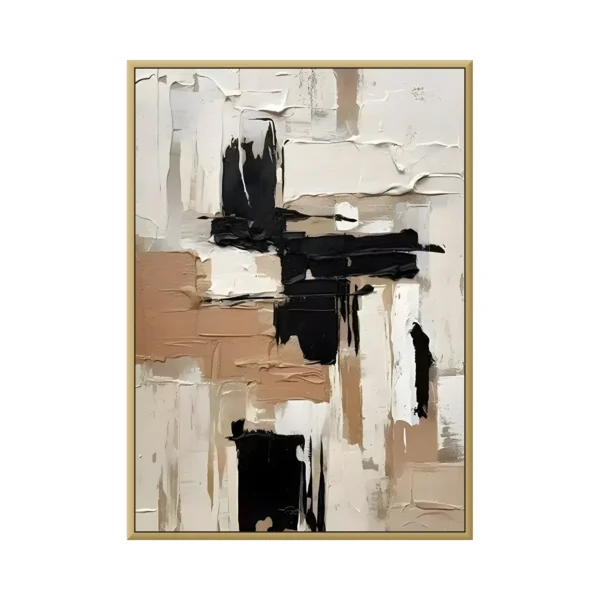 Cream & charcoal impasto plasterwork abstract canvas painting TA08, framed canvas painting on white background