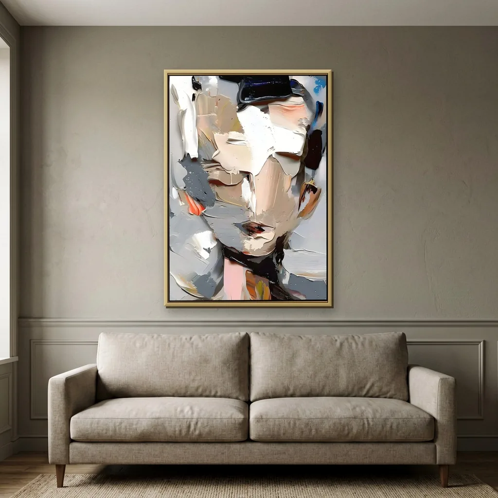 Cream gray and peach impasto abstract face oil painting, shown above a sofa in an elegant traditional living room