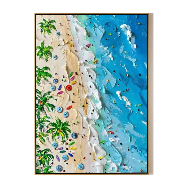 A large vertical textured painting of a tropical beach seen from above, palm trees and striped umbrellas beside white surf and a turquoise sea, built in raised palette-knife relief, the ridges catching the light.