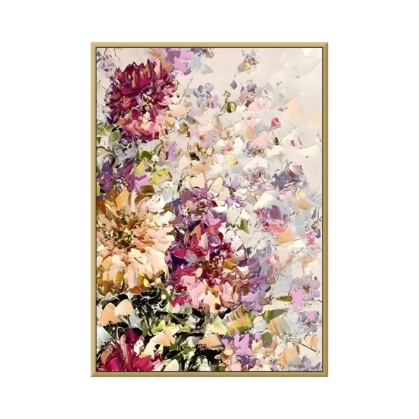 Lush pink purple & cream impasto flowers canvas painting TA12, framed canvas painting on white background
