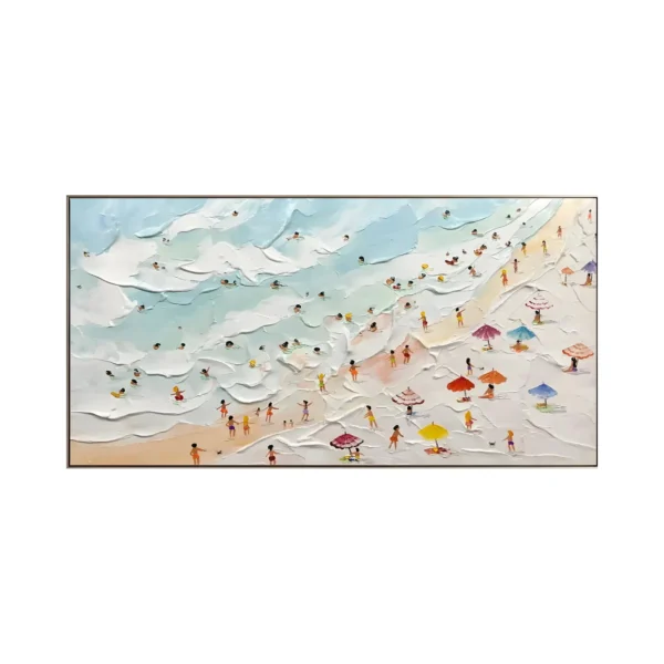 A large horizontal textured painting of tiny swimmers and colorful umbrellas dotting a pale beach and surf, seen from above, built in raised palette-knife relief, the ridges catching the light.